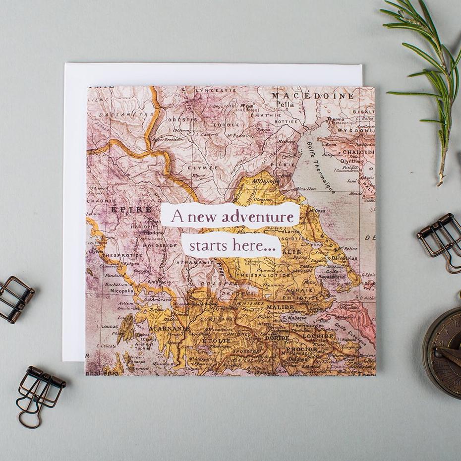 ‘A New Adventure Starts Here’ Vintage Map Card - I am Nat Ltd - Greeting Card