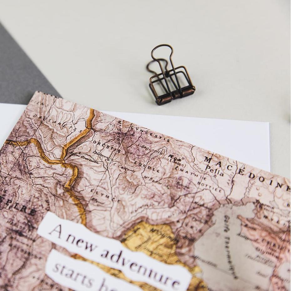 ‘A New Adventure Starts Here’ Vintage Map Card - I am Nat Ltd - Greeting Card