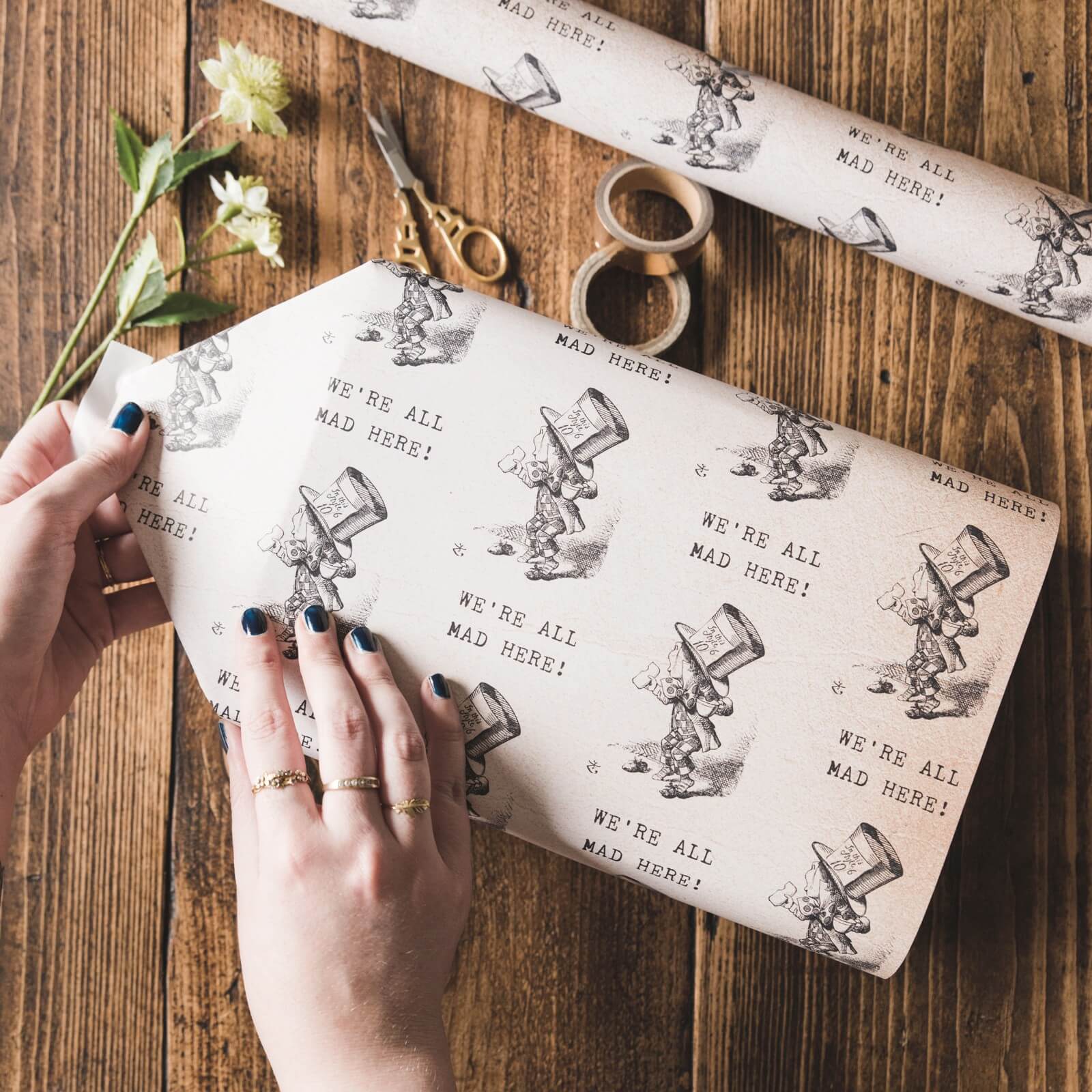 Alice in Wonderland &#39;We&#39;re All Mad Here&#39; Gift Wrap - I am Nat Ltd - Gift Wrap