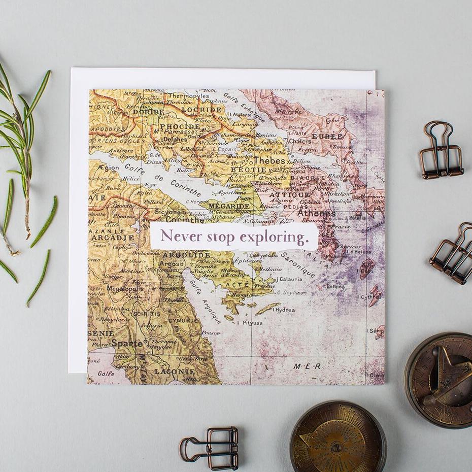 ‘Never Stop Exploring’ Vintage Map Card - I am Nat Ltd - Greeting Card