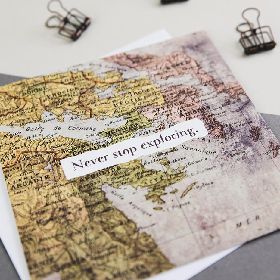 ‘Never Stop Exploring’ Vintage Map Card - I am Nat Ltd - Greeting Card