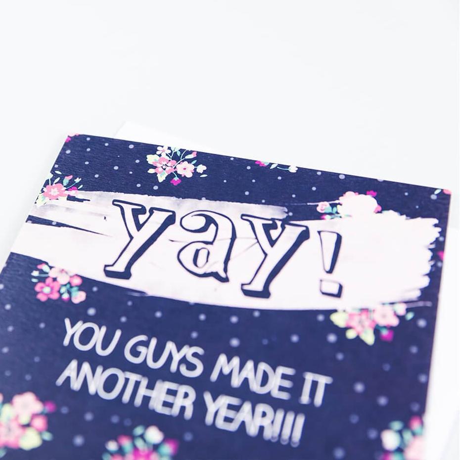 ‘Yay! You Guys Made It Another Year!’ Anniversary Card - I am Nat Ltd - Greeting Card