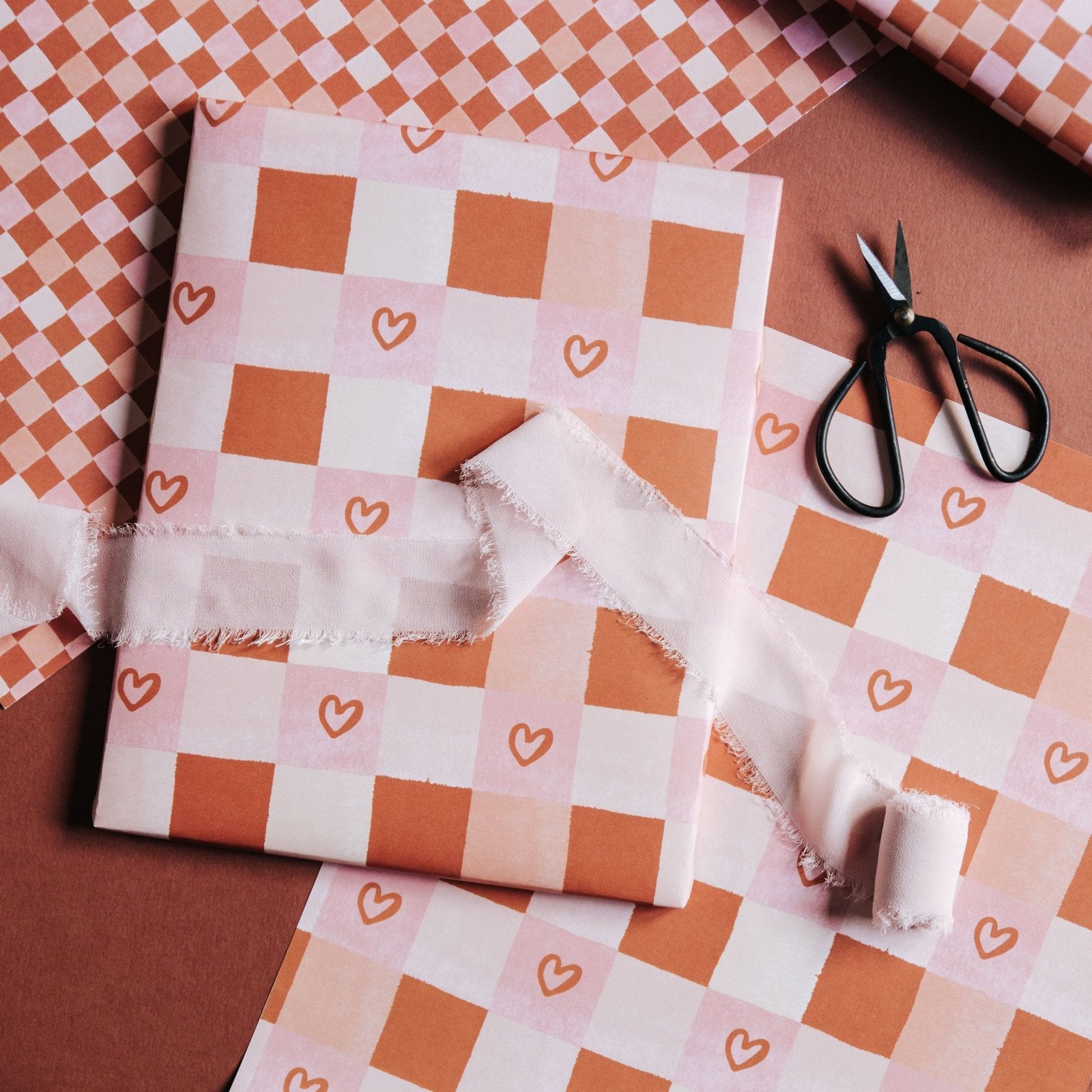 Pink & Terracotta Heart Chequerboard Gift Wrap - I am Nat Ltd - Gift Wrap