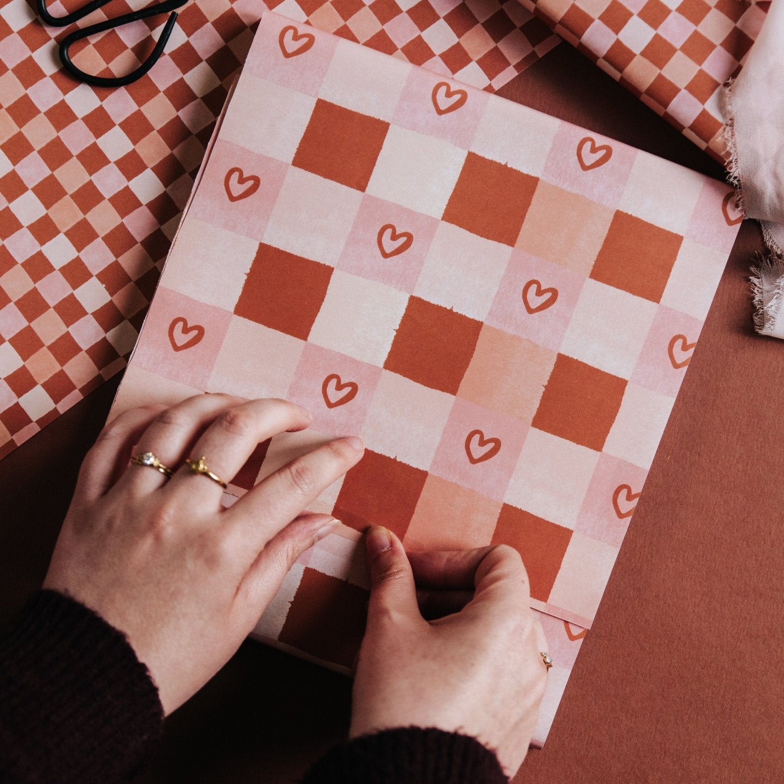Pink & Terracotta Heart Chequerboard Gift Wrap - I am Nat Ltd - Gift Wrap