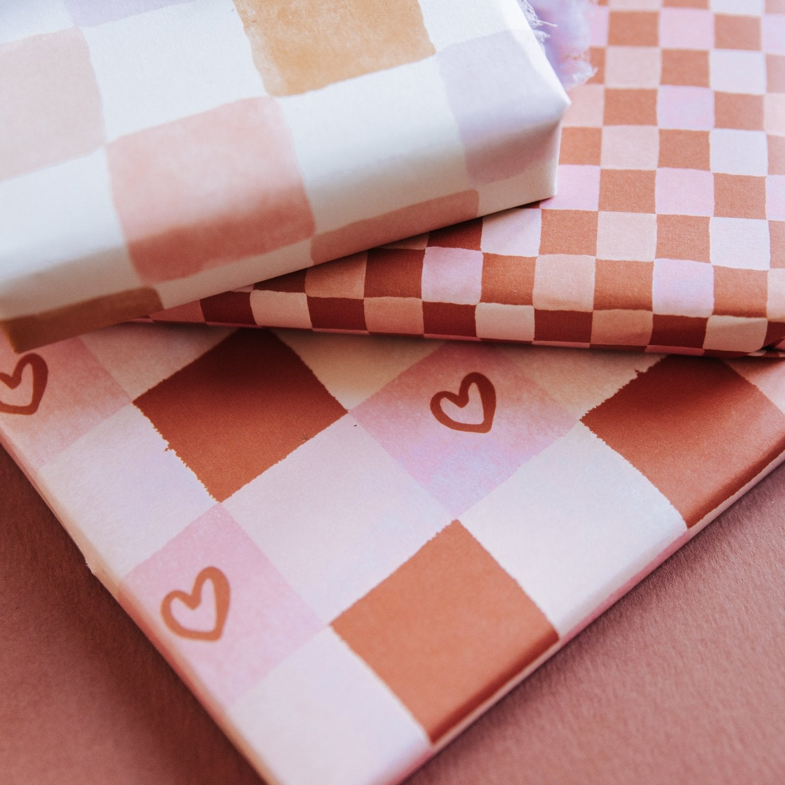 Pink & Terracotta Heart Chequerboard Gift Wrap - I am Nat Ltd - Gift Wrap