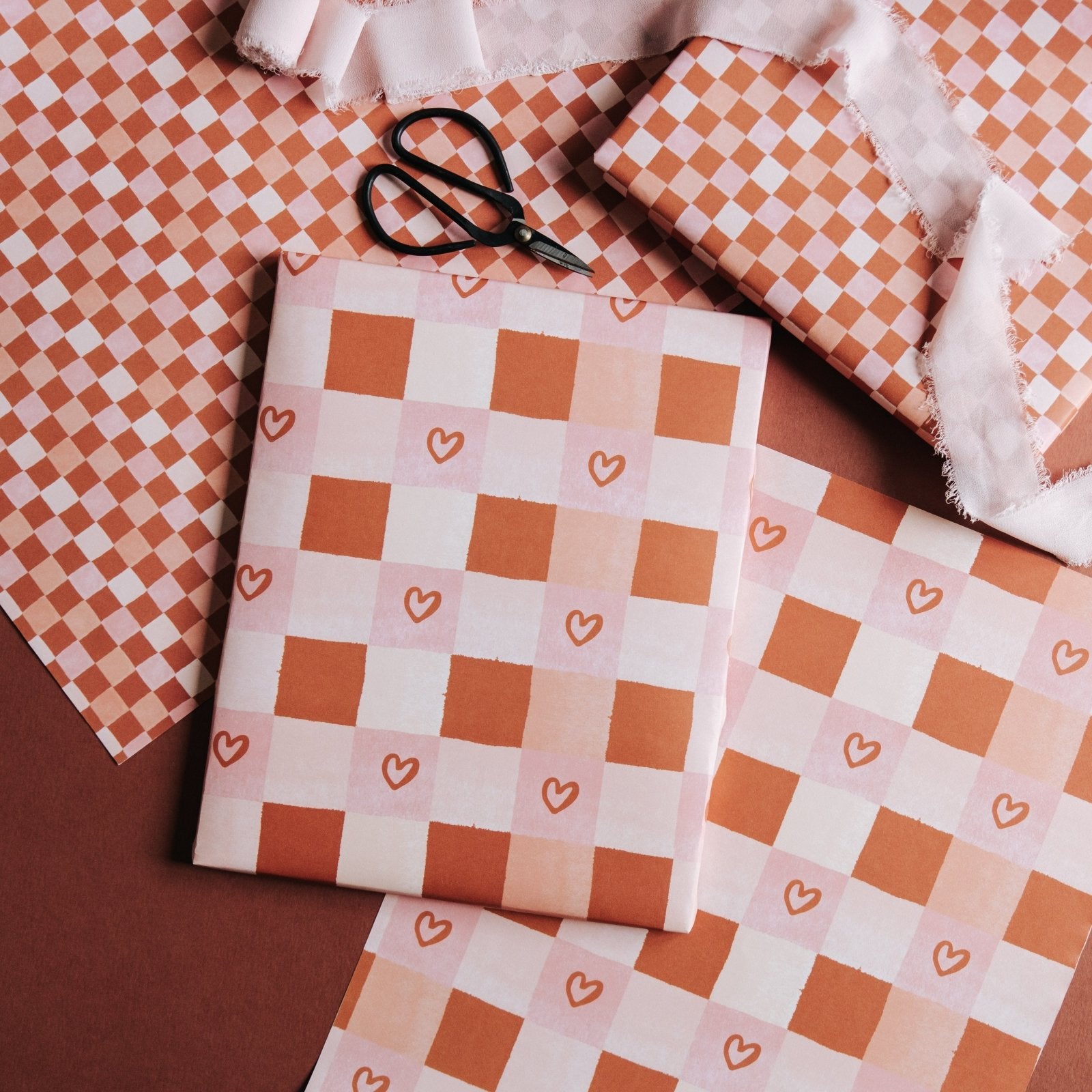 Pink & Terracotta Heart Chequerboard Gift Wrap - I am Nat Ltd - Gift Wrap