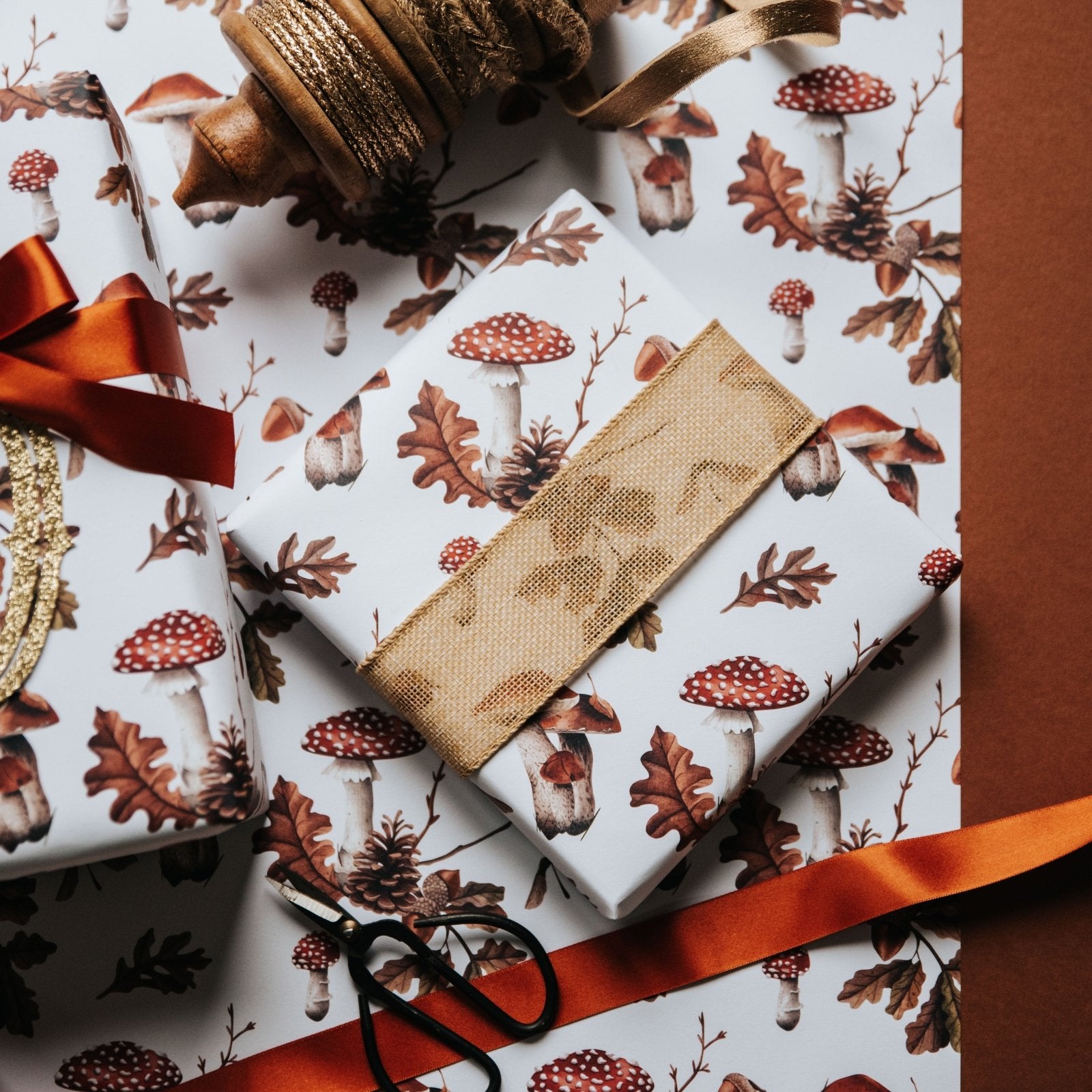 Rustic Autumn Gift Wrap – Woodland Toadstool & Oak Leaf Wrapping Paper - I am Nat Ltd - Gift Wrap