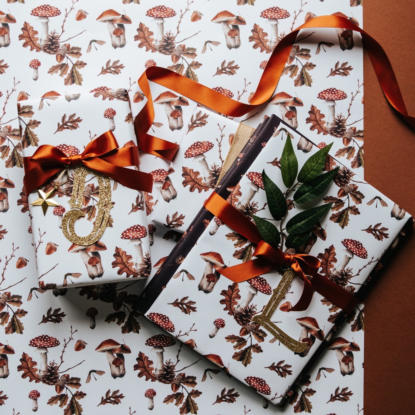 Rustic Autumn Gift Wrap – Woodland Toadstool & Oak Leaf Wrapping Paper - I am Nat Ltd - Gift Wrap