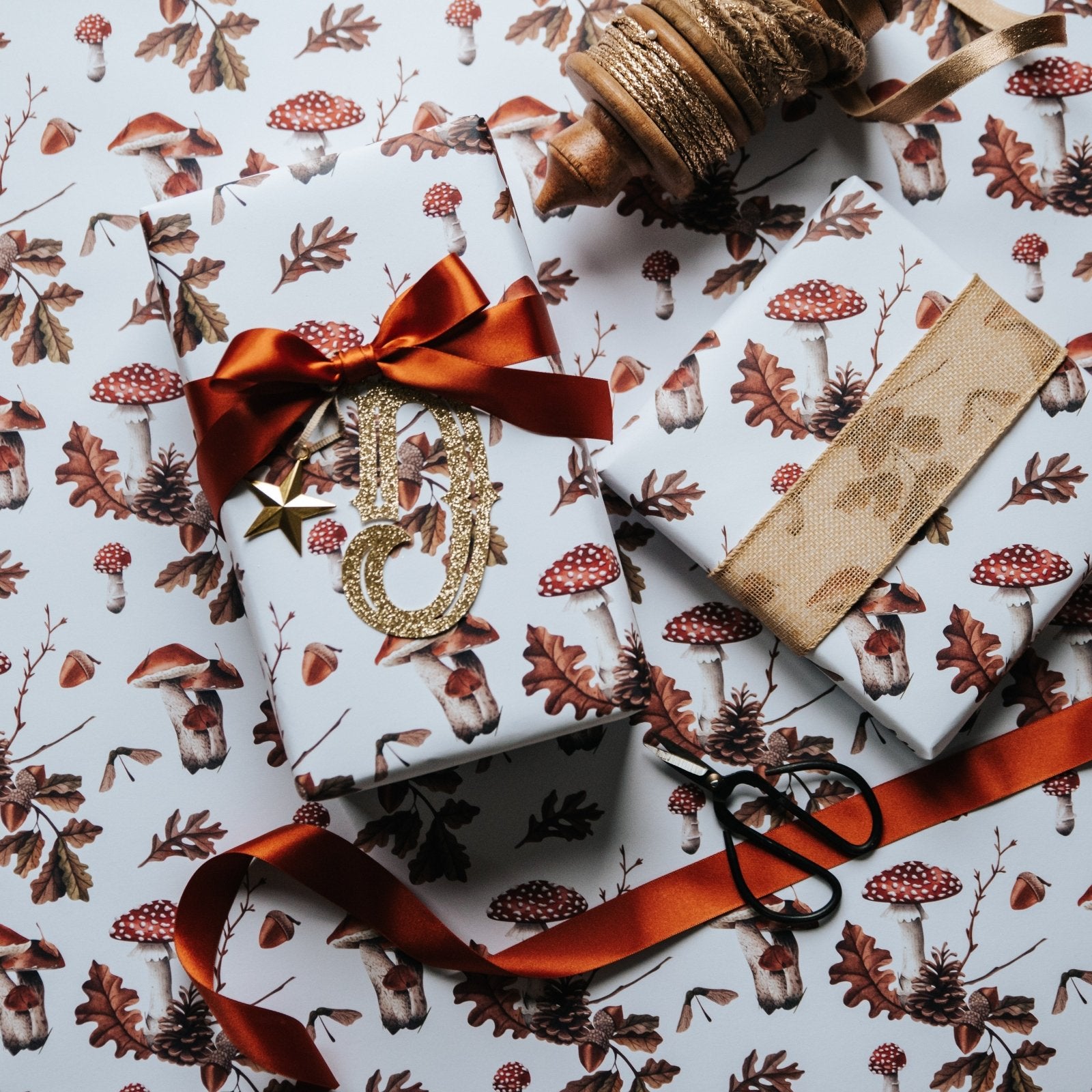 Rustic Autumn Gift Wrap – Woodland Toadstool & Oak Leaf Wrapping Paper - I am Nat Ltd - Gift Wrap