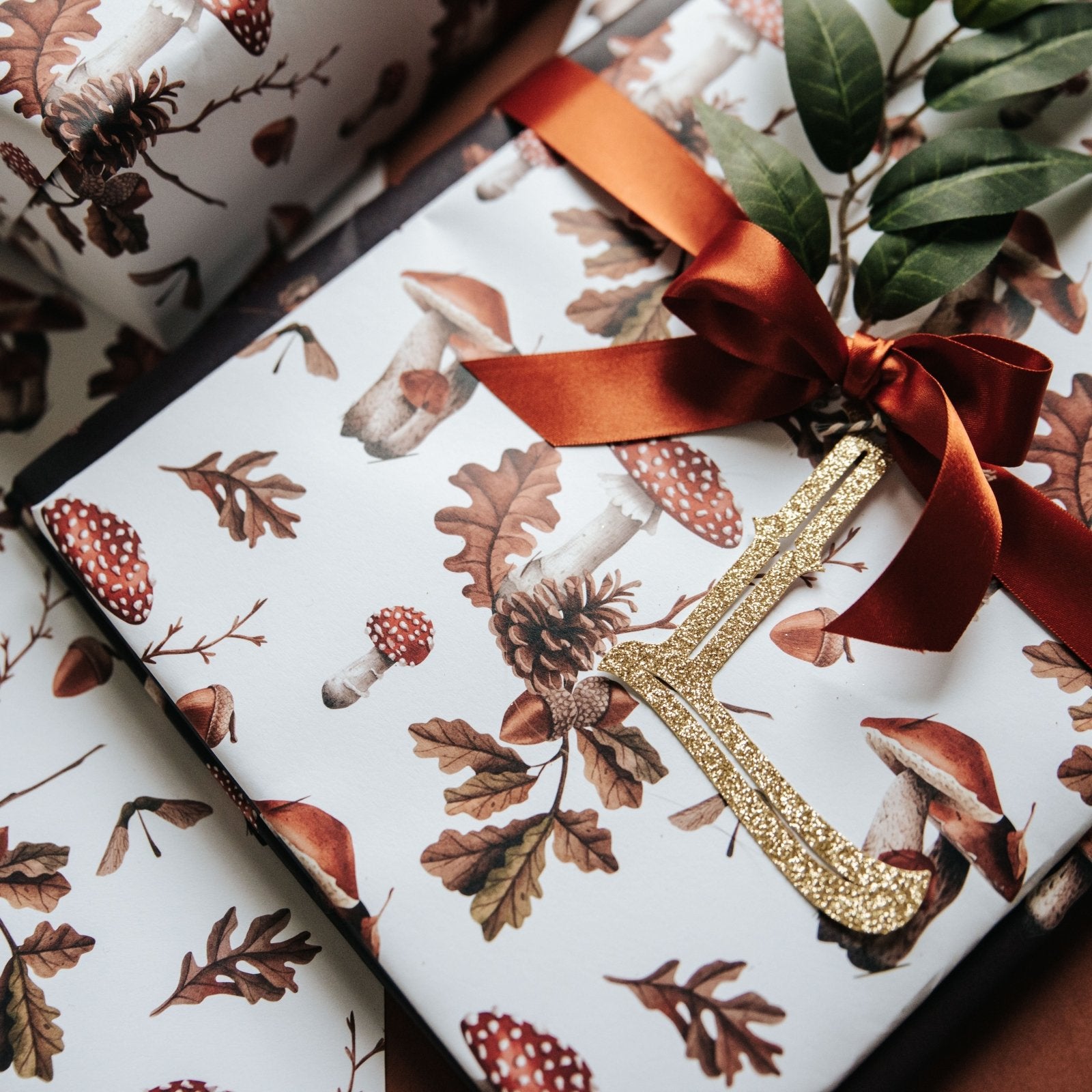 Rustic Autumn Gift Wrap – Woodland Toadstool & Oak Leaf Wrapping Paper - I am Nat Ltd - Gift Wrap