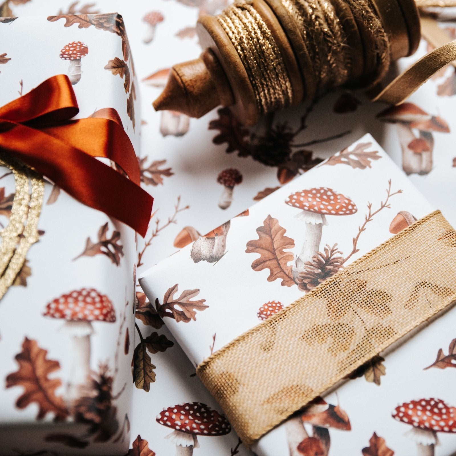 Rustic Autumn Gift Wrap – Woodland Toadstool & Oak Leaf Wrapping Paper - I am Nat Ltd - Gift Wrap