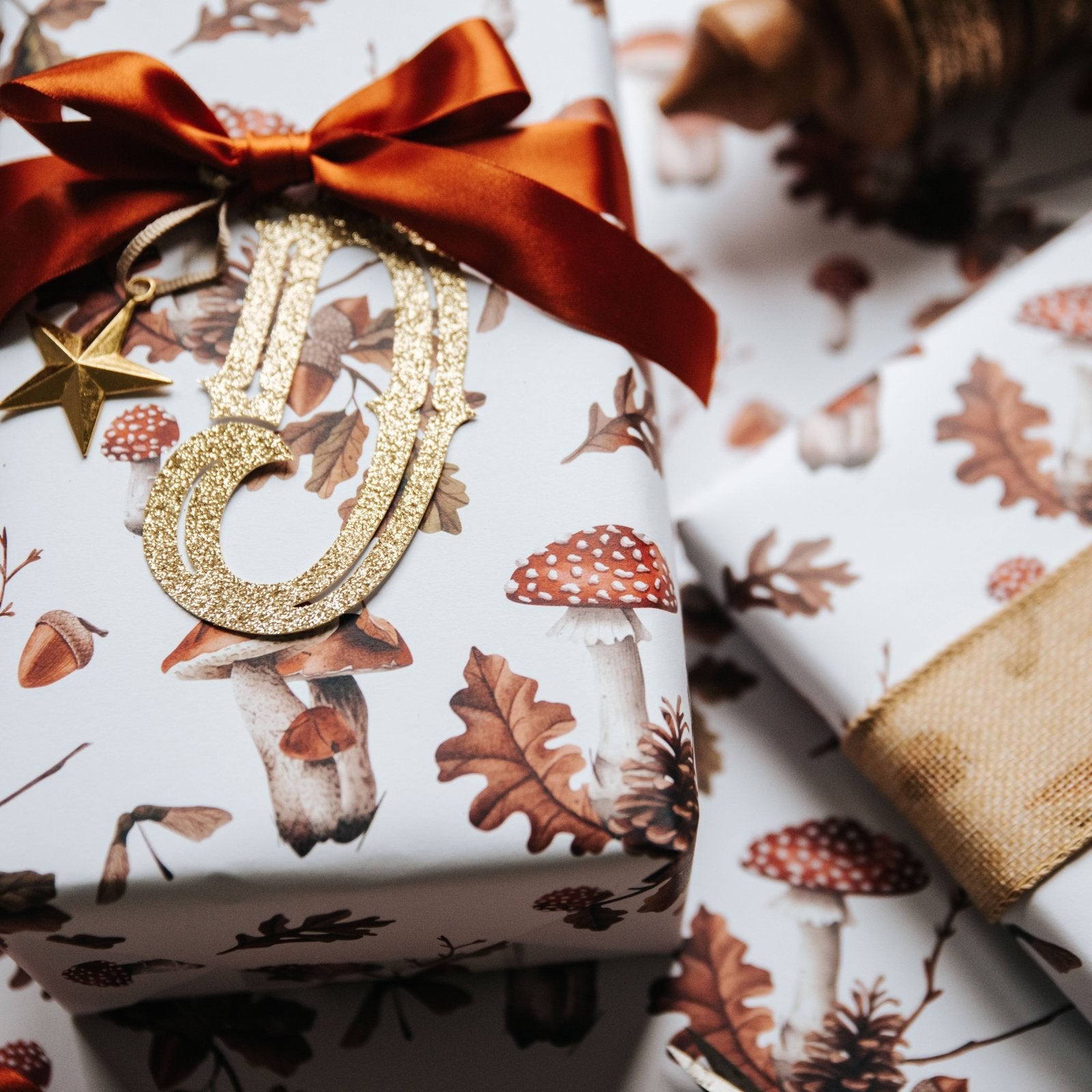 Rustic Autumn Gift Wrap – Woodland Toadstool & Oak Leaf Wrapping Paper - I am Nat Ltd - Gift Wrap