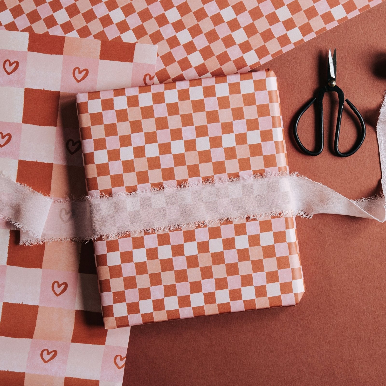 Terracotta and Pink Heart + Checkerboard Gift Wrap Set - I am Nat Ltd - Gift Wrap