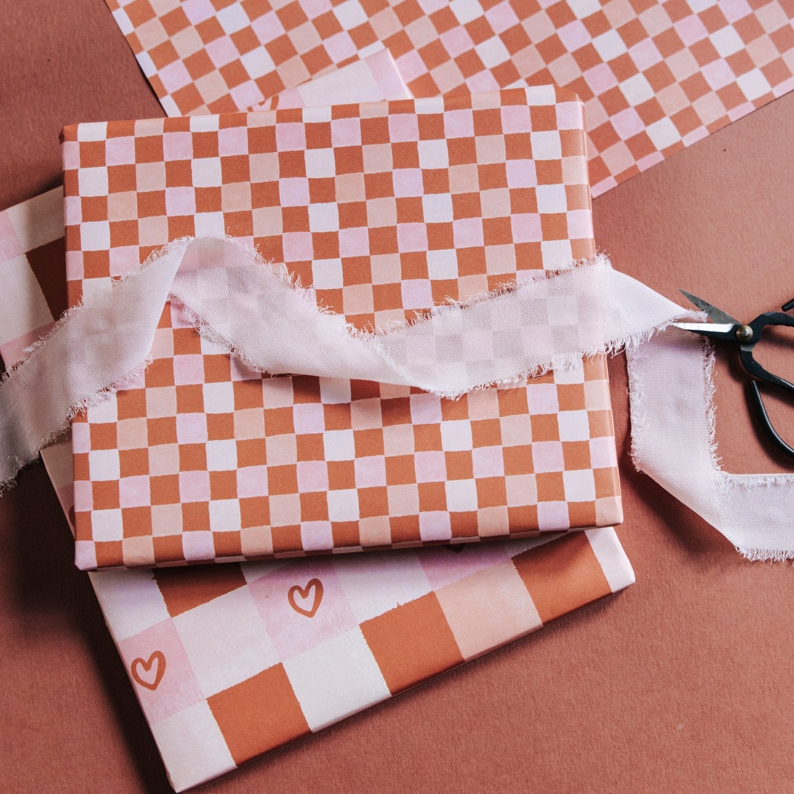 Terracotta and Pink Heart + Checkerboard Gift Wrap Set - I am Nat Ltd - Gift Wrap