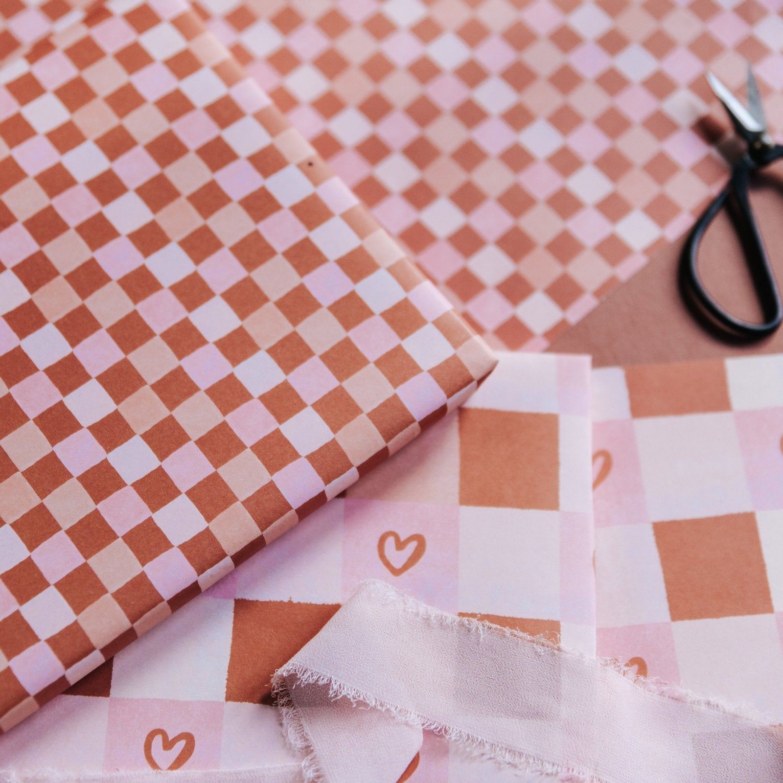Terracotta and Pink Heart + Checkerboard Gift Wrap Set - I am Nat Ltd - Gift Wrap
