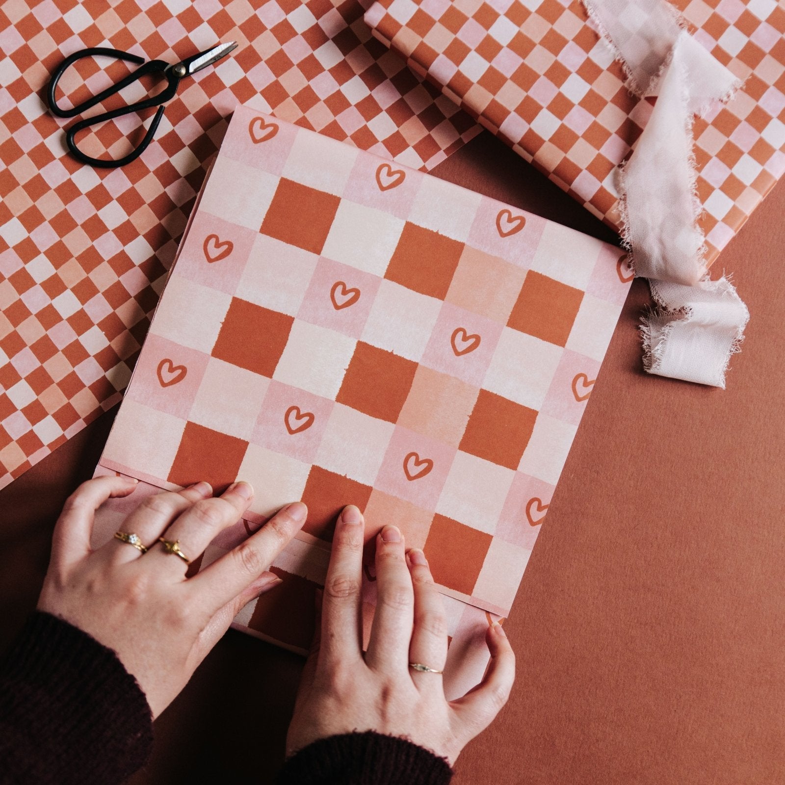 Terracotta and Pink Heart + Checkerboard Gift Wrap Set - I am Nat Ltd - Gift Wrap