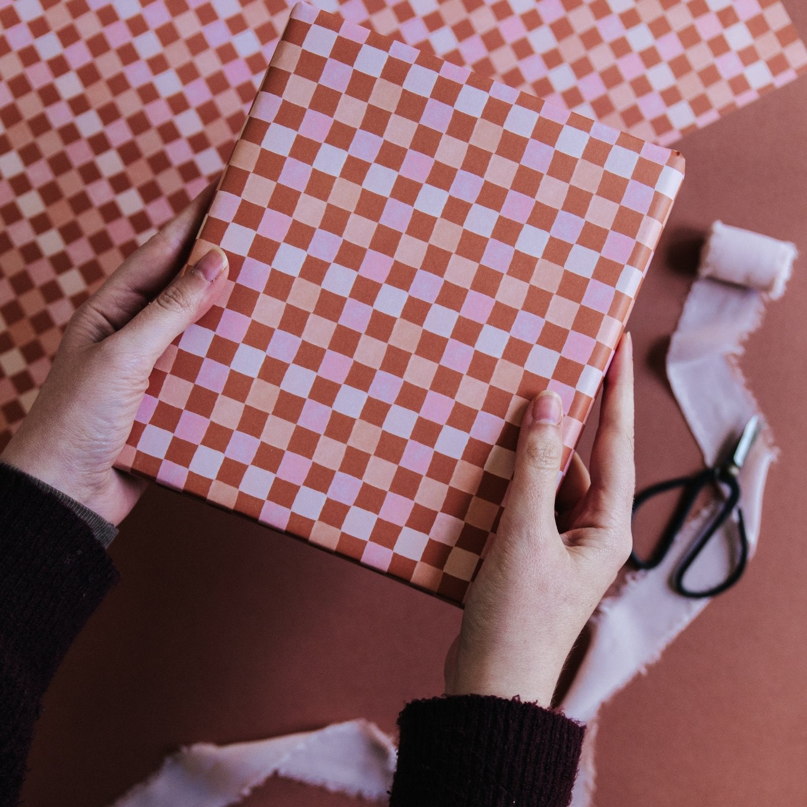Terracotta & Pink Checkerboard Wrapping Paper - I am Nat Ltd - Gift Wrap