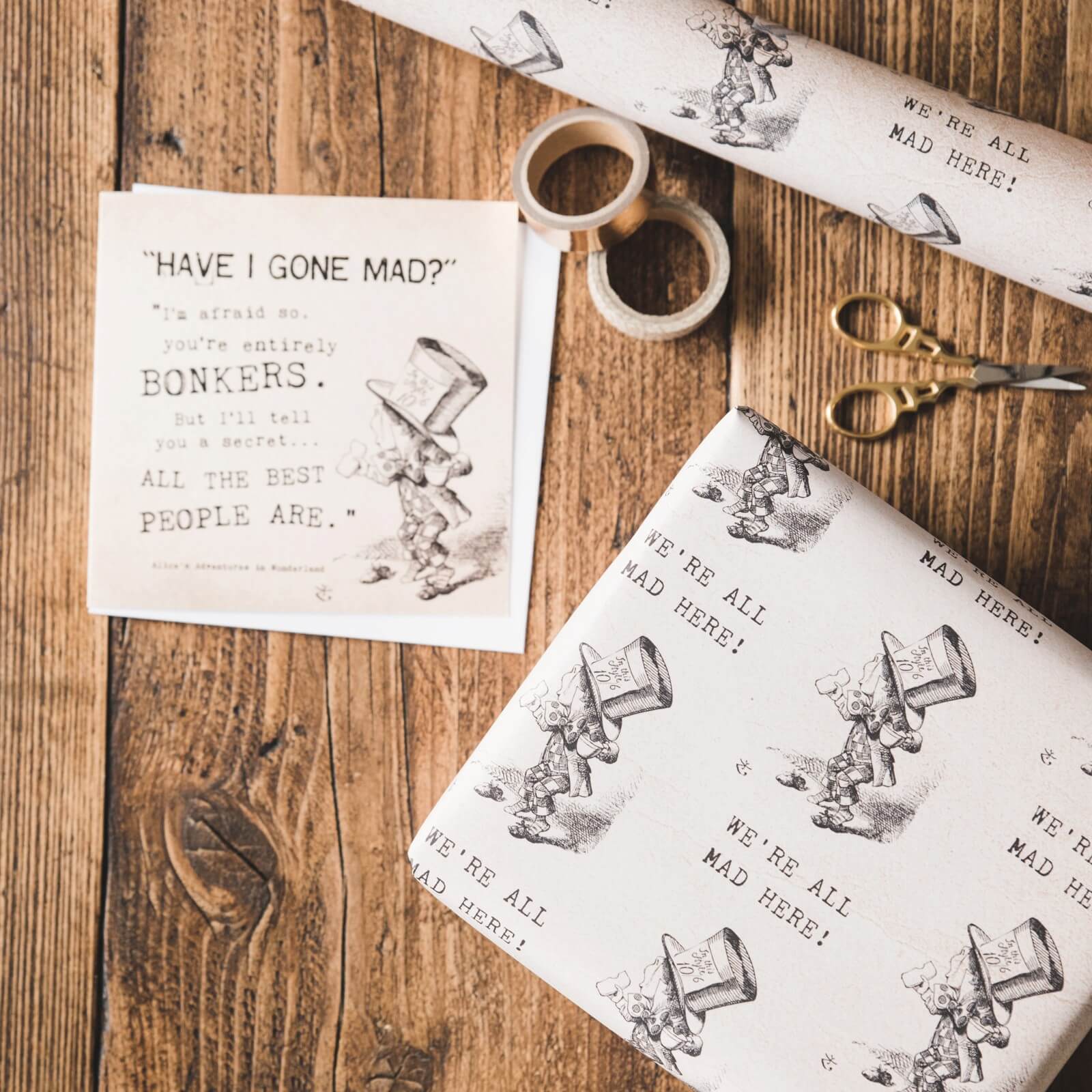 Alice in Wonderland &#39;We&#39;re All Mad Here&#39; Gift Wrap - I am Nat Ltd - Gift Wrap