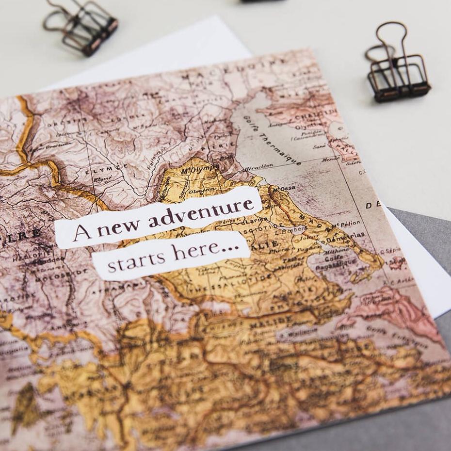 ‘A New Adventure Starts Here’ Vintage Map Card - I am Nat Ltd - Greeting Card