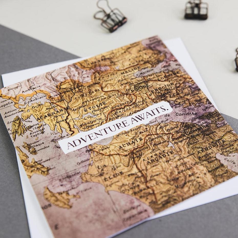 ‘Adventure Awaits’ Vintage Map Card - I am Nat Ltd - Greeting Card