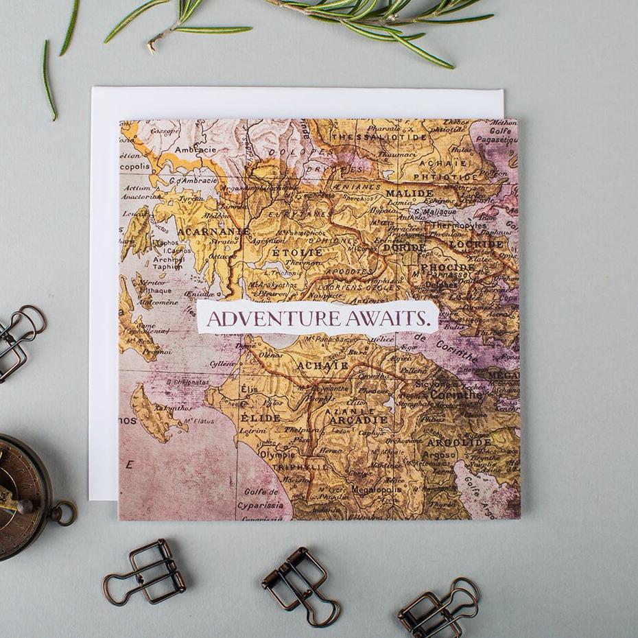 ‘Adventure Awaits’ Vintage Map Card - I am Nat Ltd - Greeting Card