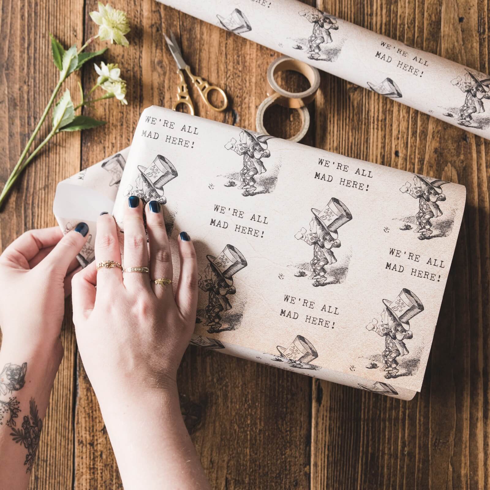 Alice in Wonderland &#39;We&#39;re All Mad Here&#39; Gift Wrap - I am Nat Ltd - Gift Wrap