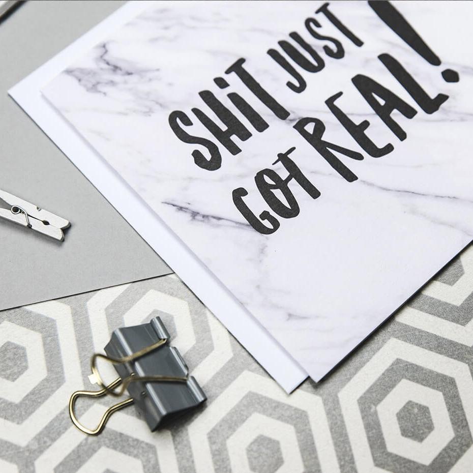 &#39;Shit Just Got Real!&#39; Funny Congratulations Card - I am Nat Ltd - Greeting Card